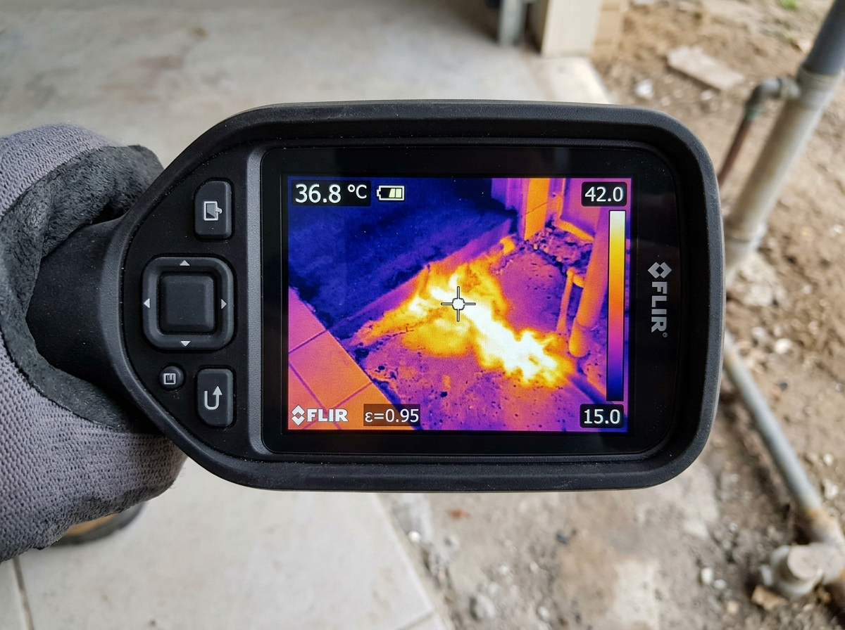 Thermal imaging of hot water pipe rupture under concrete slab floor