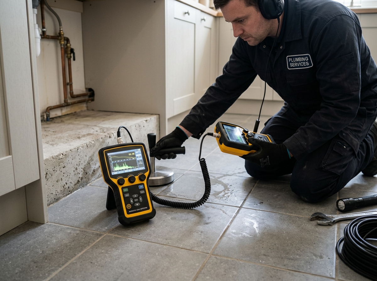 Acoustic electronic leak detection equipment isolating sub-slab leak in Largo